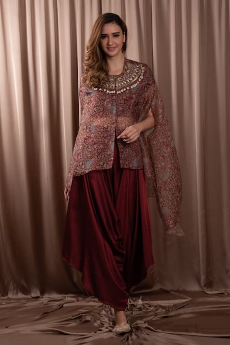 Buy_Vara By Vibha N Priti_Maroon Silk Embroidery Floral And Bird Print Cape Harrem Pant Set _Online_at_Aza_Fashions