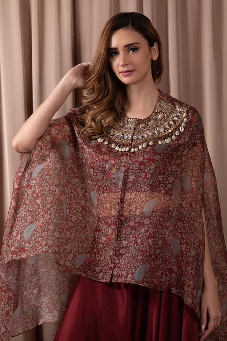Shop_Vara By Vibha N Priti_Maroon Silk Embroidery Floral And Bird Print Cape Harrem Pant Set _Online_at_Aza_Fashions