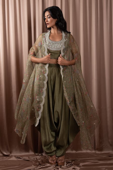 Vara by Vibha n Priti Green Organza Embroidered Scoop Scallop Border Cape Pant Set 