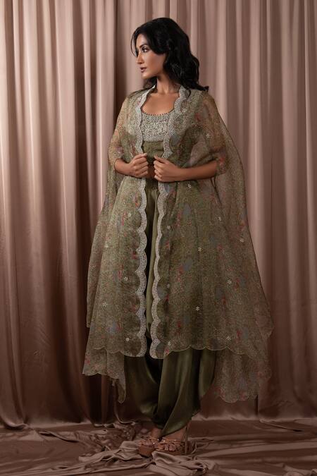 Buy_Vara By Vibha N Priti_Green Organza Embroidered Scoop Scallop Border Cape Pant Set _Online_at_Aza_Fashions
