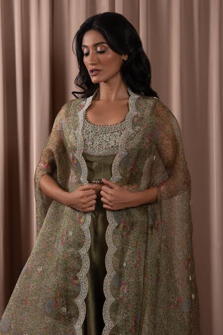Shop_Vara By Vibha N Priti_Green Organza Embroidered Scoop Scallop Border Cape Pant Set _Online_at_Aza_Fashions