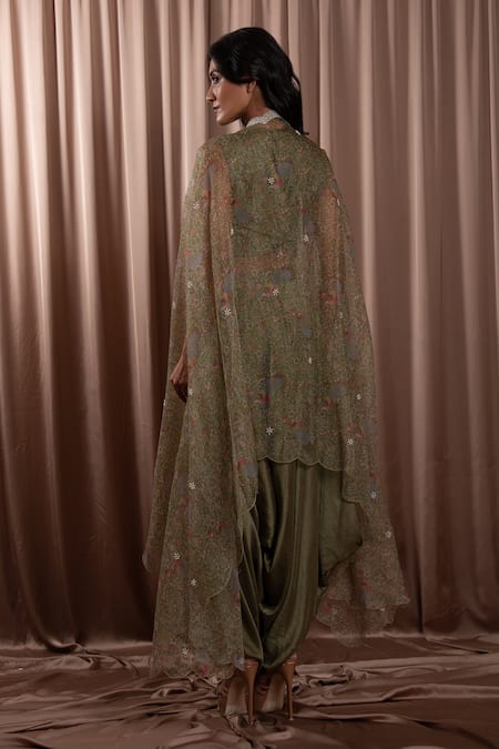 Shop_Vara By Vibha N Priti_Green Organza Embroidered Scoop Scallop Border Cape Pant Set _at_Aza_Fashions