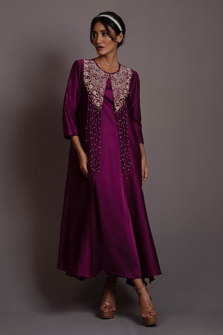 Vara by Vibha n Priti Purple Silk Chanderi Embroidered Thread Round A-line Floral Tunic With Inner 