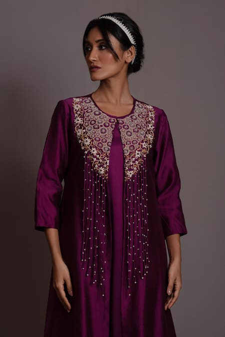 Buy Vara By Vibha N Priti Purple Silk Chanderi Embroidered Thread Round A-line Floral Tunic With Inner Online at Aza Fashions Buy_Vara By Vibha N Priti_Purple Silk Chanderi Embroidered Thread Round A-line Floral Tunic With Inner _Online_at_Aza_Fashions