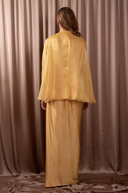 Shop Vara By Vibha N Priti Yellow Organza Embroidered Sequin Notched Tunic And Draped Skirt Set at Aza Fashions Shop_Vara By Vibha N Priti_Yellow Organza Embroidered Sequin Notched Tunic And Draped Skirt Set _at_Aza_Fashions