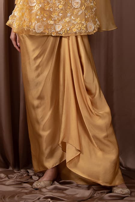 Vara By Vibha N Priti Yellow Organza Embroidered Sequin Notched Tunic And Draped Skirt Set Online at Aza Fashions Vara By Vibha N Priti_Yellow Organza Embroidered Sequin Notched Tunic And Draped Skirt Set _Online_at_Aza_Fashions