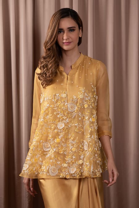 Buy Vara By Vibha N Priti Yellow Organza Embroidered Sequin Notched Tunic And Draped Skirt Set Online at Aza Fashions Buy_Vara By Vibha N Priti_Yellow Organza Embroidered Sequin Notched Tunic And Draped Skirt Set _Online_at_Aza_Fashions