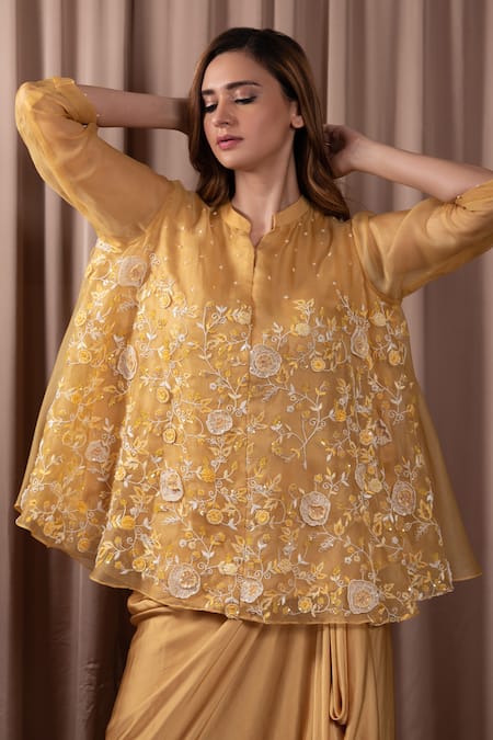 Shop Vara By Vibha N Priti Yellow Organza Embroidered Sequin Notched Tunic And Draped Skirt Set Online at Aza Fashions Shop_Vara By Vibha N Priti_Yellow Organza Embroidered Sequin Notched Tunic And Draped Skirt Set _Online_at_Aza_Fashions