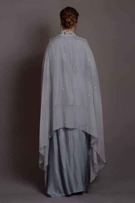 Shop Vara By Vibha N Priti Grey Silk Chanderi Embroidered Resham Collared Floral Cutwork Cape Skirt Set at Aza Fashions Shop_Vara By Vibha N Priti_Grey Silk Chanderi Embroidered Resham Collared Floral Cutwork Cape Skirt Set _at_Aza_Fashions