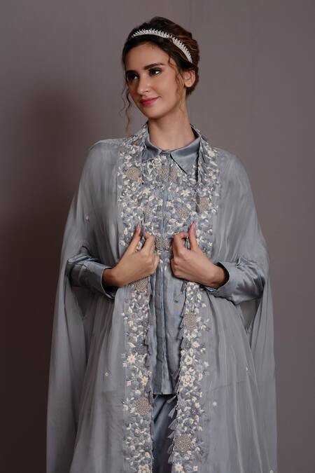 Buy Vara By Vibha N Priti Grey Silk Chanderi Embroidered Resham Collared Floral Cutwork Cape Skirt Set Online at Aza Fashions Buy_Vara By Vibha N Priti_Grey Silk Chanderi Embroidered Resham Collared Floral Cutwork Cape Skirt Set _Online_at_Aza_Fashions
