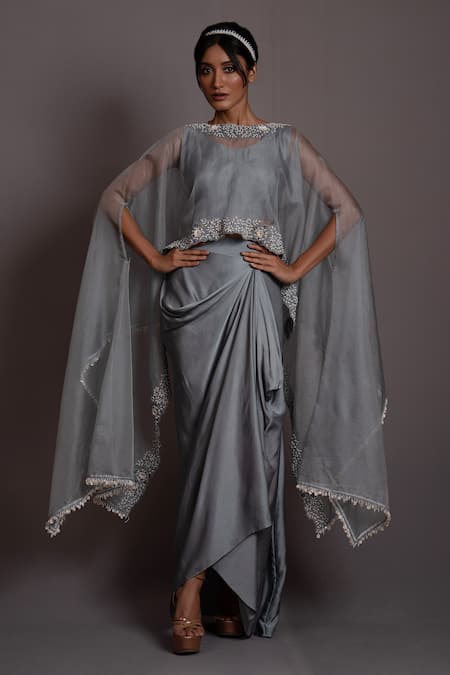 Vara by Vibha n Priti Grey Organza Embroidered Boat Floral Cape Draped Skirt Set 