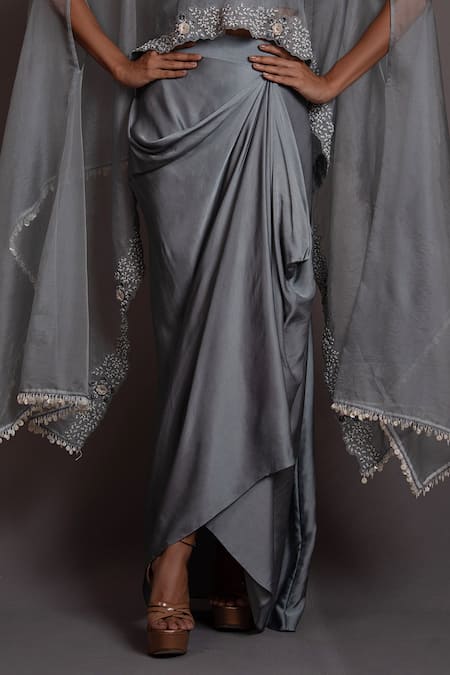 Vara By Vibha N Priti Grey Organza Embroidered Boat Floral Cape Draped Skirt Set Online at Aza Fashions Vara By Vibha N Priti_Grey Organza Embroidered Boat Floral Cape Draped Skirt Set _Online_at_Aza_Fashions