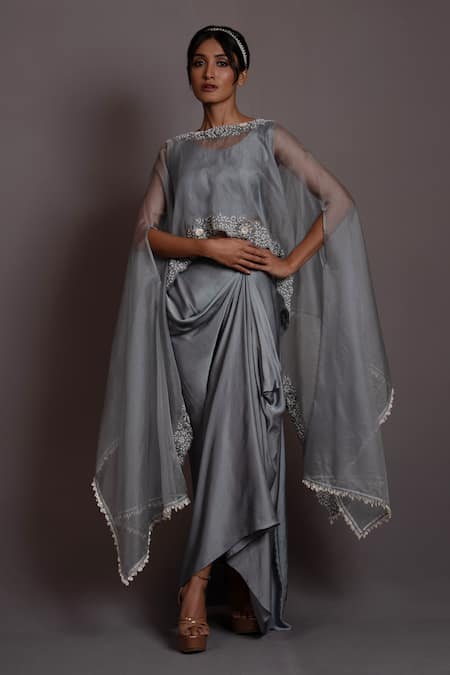 Buy Vara By Vibha N Priti Grey Organza Embroidered Boat Floral Cape Draped Skirt Set Online at Aza Fashions Buy_Vara By Vibha N Priti_Grey Organza Embroidered Boat Floral Cape Draped Skirt Set _Online_at_Aza_Fashions