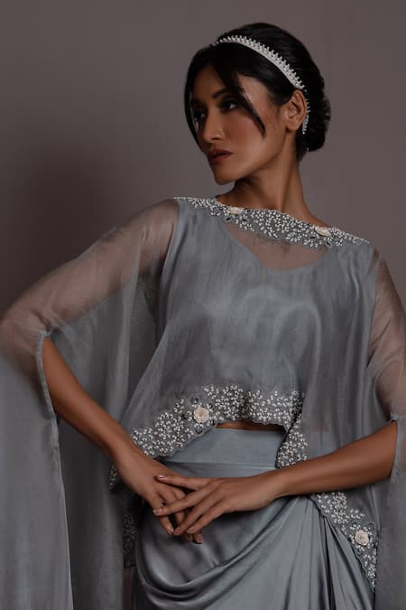 Shop Vara By Vibha N Priti Grey Organza Embroidered Boat Floral Cape Draped Skirt Set Online at Aza Fashions Shop_Vara By Vibha N Priti_Grey Organza Embroidered Boat Floral Cape Draped Skirt Set _Online_at_Aza_Fashions