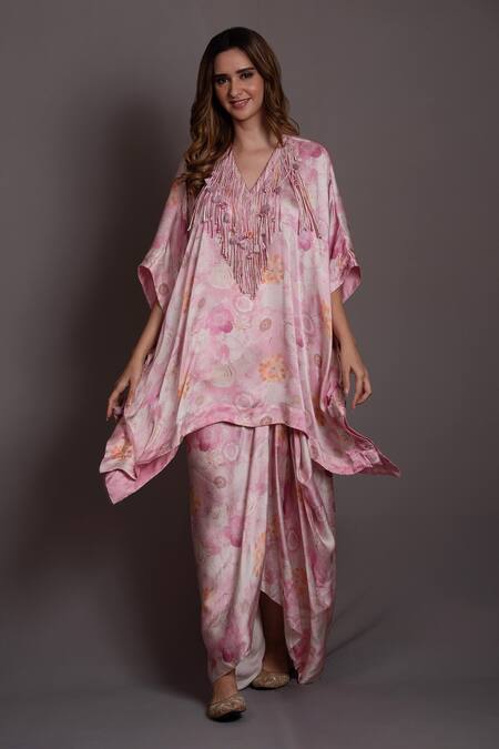 Vara by Vibha n Priti Pink Organza Satin Embroidered Tassel V Neck Asymmetric Tunic Draped Skirt Set 