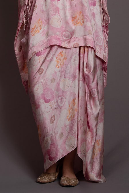 Vara By Vibha N Priti_Pink Modal, Organza Pearls, Tassels V-neck Asymmetric Tunic Draped Skirt Set _Online_at_Aza_Fashions