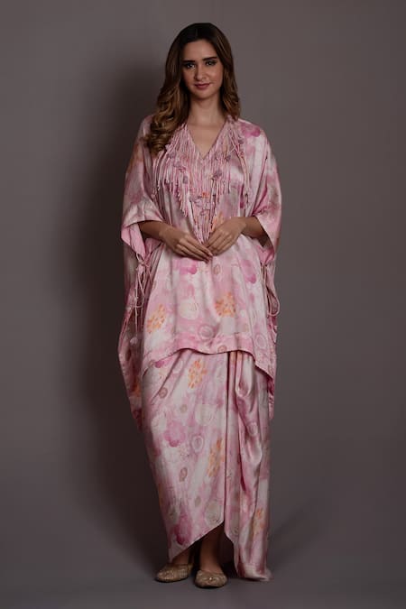 Buy_Vara By Vibha N Priti_Pink Modal, Organza Pearls, Tassels V-neck Asymmetric Tunic Draped Skirt Set _Online_at_Aza_Fashions