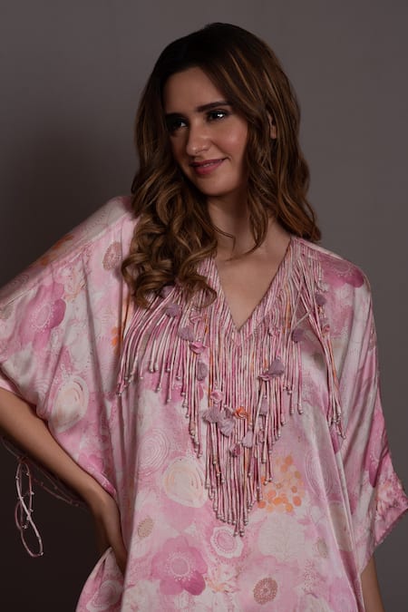 Shop_Vara By Vibha N Priti_Pink Modal, Organza Pearls, Tassels V-neck Asymmetric Tunic Draped Skirt Set _Online_at_Aza_Fashions