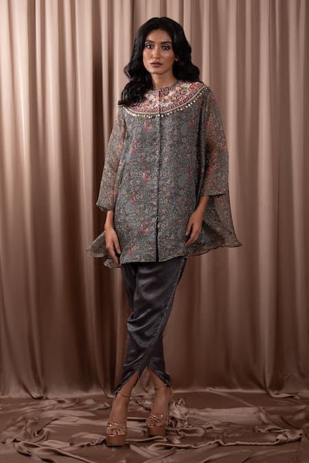 Vara by Vibha n Priti Grey Organza Embroidered Sequin Round Short Printed Cape With Dhoti Pant 