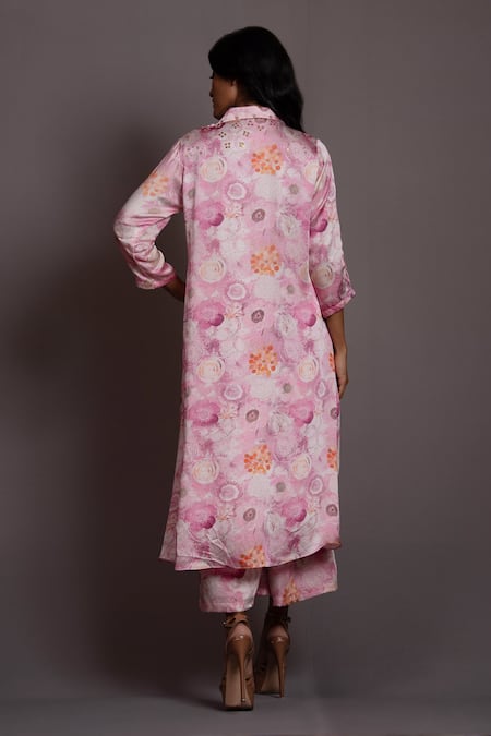 Shop Vara By Vibha N Priti Pink Satin Modal Embroidered Sequin Collared And Pearl Tunic & Pant Set at Aza Fashions Shop_Vara By Vibha N Priti_Pink Satin Modal Embroidered Sequin Collared And Pearl Tunic & Pant Set _at_Aza_Fashions