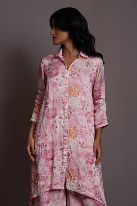 Buy Vara By Vibha N Priti Pink Satin Modal Embroidered Sequin Collared And Pearl Tunic & Pant Set Online at Aza Fashions Buy_Vara By Vibha N Priti_Pink Satin Modal Embroidered Sequin Collared And Pearl Tunic & Pant Set _Online_at_Aza_Fashions