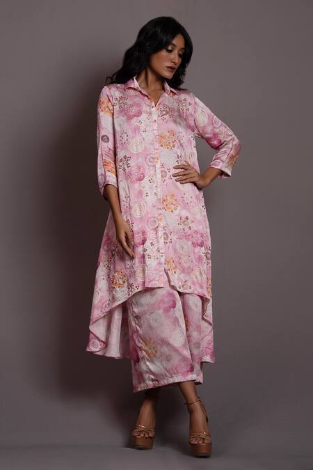 Shop Vara By Vibha N Priti Pink Satin Modal Embroidered Sequin Collared And Pearl Tunic & Pant Set Online at Aza Fashions Shop_Vara By Vibha N Priti_Pink Satin Modal Embroidered Sequin Collared And Pearl Tunic & Pant Set _Online_at_Aza_Fashions