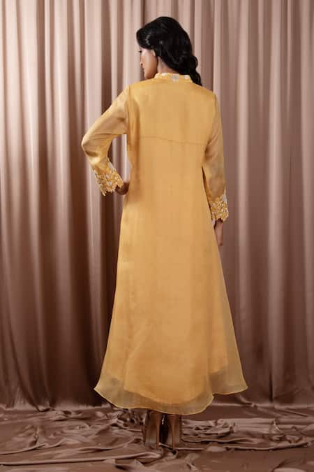 Shop Vara By Vibha N Priti Yellow Organza Embroidered Resham Stand Collar Tunic With Pant at Aza Fashions Shop_Vara By Vibha N Priti_Yellow Organza Embroidered Resham Stand Collar Tunic With Pant _at_Aza_Fashions