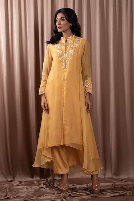 Buy Vara By Vibha N Priti Yellow Organza Embroidered Resham Stand Collar Tunic With Pant Online at Aza Fashions Buy_Vara By Vibha N Priti_Yellow Organza Embroidered Resham Stand Collar Tunic With Pant _Online_at_Aza_Fashions