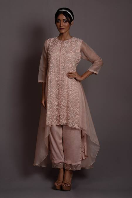 Vara By Vibha N Priti Pink Organza Pearls, Sequins, Beads Round Asymmetric Embroidered Kurta Pant Set Online at Aza Fashions Vara By Vibha N Priti_Pink Organza Pearls, Sequins, Beads Round Asymmetric Embroidered Kurta Pant Set _Online_at_Aza_Fashions