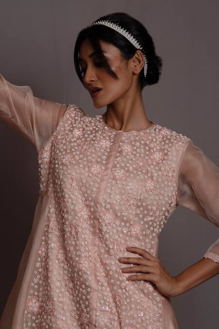 Buy Vara By Vibha N Priti Pink Organza Pearls, Sequins, Beads Round Asymmetric Embroidered Kurta Pant Set Online at Aza Fashions Buy_Vara By Vibha N Priti_Pink Organza Pearls, Sequins, Beads Round Asymmetric Embroidered Kurta Pant Set _Online_at_Aza_Fashions