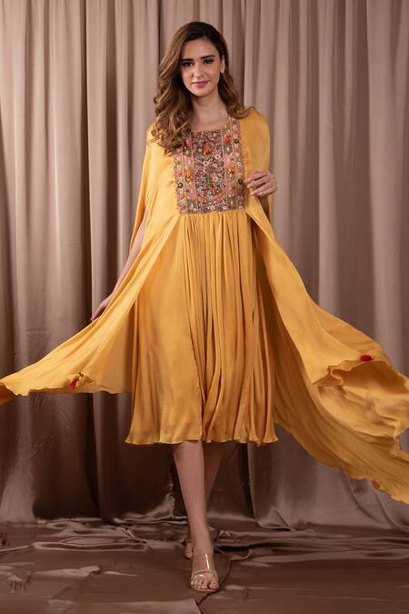 Vara By Vibha N Priti Yellow Satin, Chiffon Embroidery Round Neck Gathered Dress With Attached Drape Online at Aza Fashions Vara By Vibha N Priti_Yellow Satin, Chiffon Embroidery Round Neck Gathered Dress With Attached Drape _Online_at_Aza_Fashions