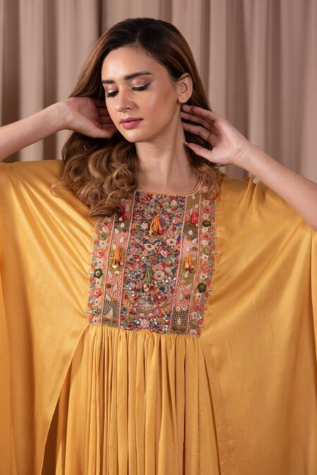 Buy Vara By Vibha N Priti Yellow Satin, Chiffon Embroidery Round Neck Gathered Dress With Attached Drape Online at Aza Fashions Buy_Vara By Vibha N Priti_Yellow Satin, Chiffon Embroidery Round Neck Gathered Dress With Attached Drape _Online_at_Aza_Fashions