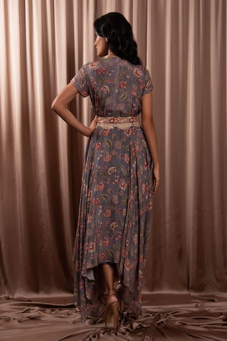 Shop Vara By Vibha N Priti Grey Chiffon Embroidery Round Neck Floral Print Asymmetric Midi Dress With Belt at Aza Fashions Shop_Vara By Vibha N Priti_Grey Chiffon Embroidery Round Neck Floral Print Asymmetric Midi Dress With Belt _at_Aza_Fashions