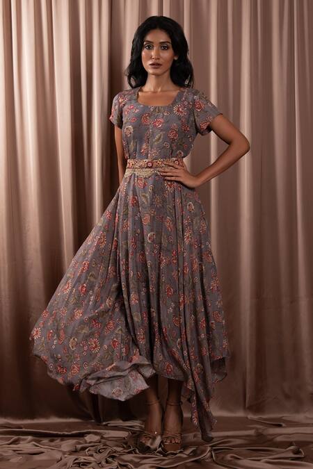 Vara By Vibha N Priti Grey Chiffon Embroidery Round Neck Floral Print Asymmetric Midi Dress With Belt Online at Aza Fashions Vara By Vibha N Priti_Grey Chiffon Embroidery Round Neck Floral Print Asymmetric Midi Dress With Belt _Online_at_Aza_Fashions