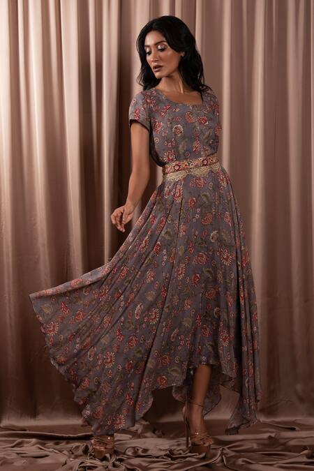 Buy Vara By Vibha N Priti Grey Chiffon Embroidery Round Neck Floral Print Asymmetric Midi Dress With Belt Online at Aza Fashions Buy_Vara By Vibha N Priti_Grey Chiffon Embroidery Round Neck Floral Print Asymmetric Midi Dress With Belt _Online_at_Aza_Fashions
