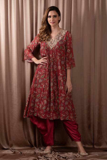 Vara By Vibha N Priti_Maroon Chiffon Printed Floral V Neck Gathered Tunic With Pant _Online_at_Aza_Fashions