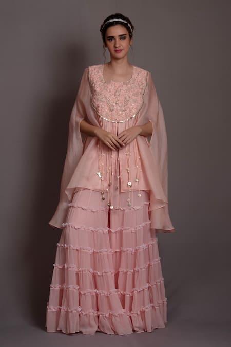 Vara by Vibha n Priti Petunia Embroidered Yoke Cape Kurta With Sharara 