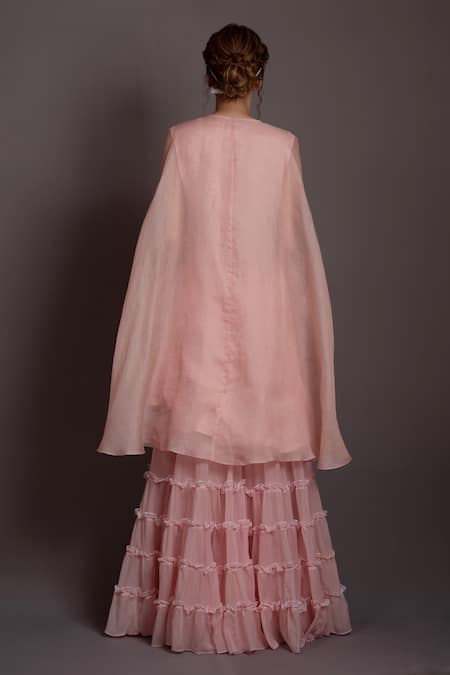 Vara By Vibha N Priti Petunia Embroidered Yoke Cape Kurta With Sharara 