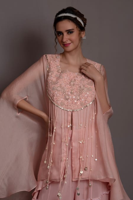 Vara By Vibha N Priti_Pink Organza, Chiffon Sequins, Petunia Embroidered Yoke Cape Kurta With Sharara _Online_at_Aza_Fashions