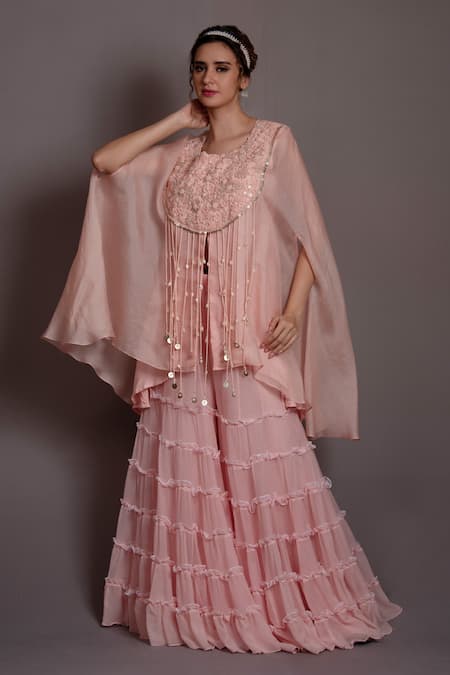 Shop_Vara By Vibha N Priti_Pink Organza, Chiffon Sequins, Petunia Embroidered Yoke Cape Kurta With Sharara _Online_at_Aza_Fashions