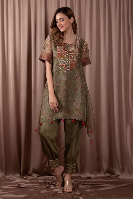 Vara by Vibha n Priti Green Organza Print Gul Semi Embroidered Yoke Tunic With Afghani Pant 