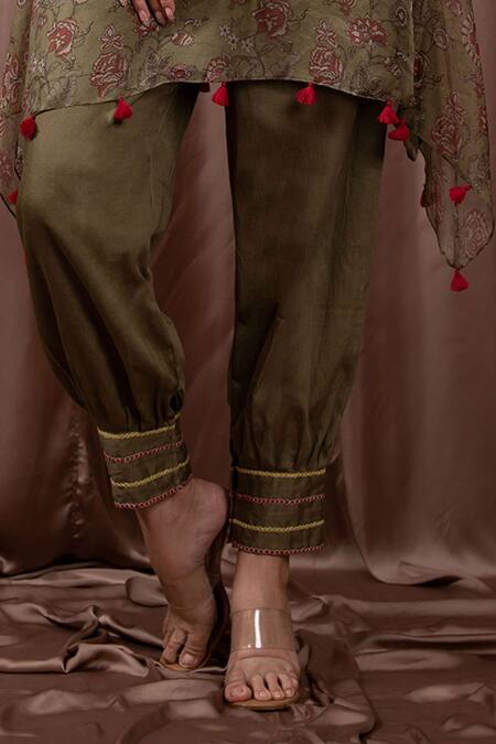 Vara By Vibha N Priti_Green Organza Print Gul Semi Round Embroidered Yoke Tunic With Afghani Pant _Online_at_Aza_Fashions