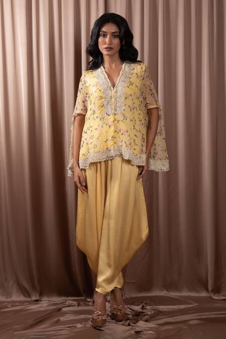Shop_Vara By Vibha N Priti_Yellow Organza Print Peony V Neck Bloom Cape Tunic With Patiala Pant _Online_at_Aza_Fashions