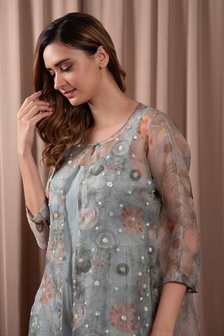Buy_Vara By Vibha N Priti_Blue Organza, Silk Embroidery Round Blossom Print Jacket With Plain Jumpsuit _Online_at_Aza_Fashions
