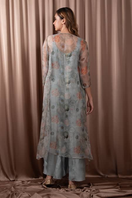 Vara By Vibha N Priti Blossom Print Organza Jacket With Plain Jumpsuit 