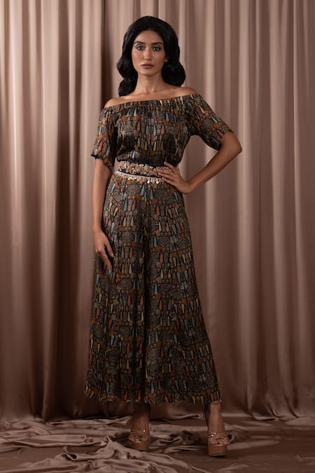 Vara by Vibha n Priti Tribal Age Print Off Shoulder Jumpsuit With Embroidered Belt 