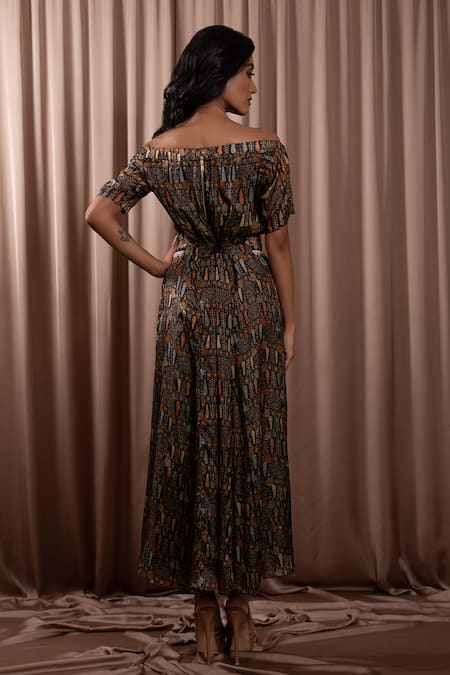 Vara By Vibha N Priti Tribal Age Print Off Shoulder Jumpsuit With Embroidered Belt 