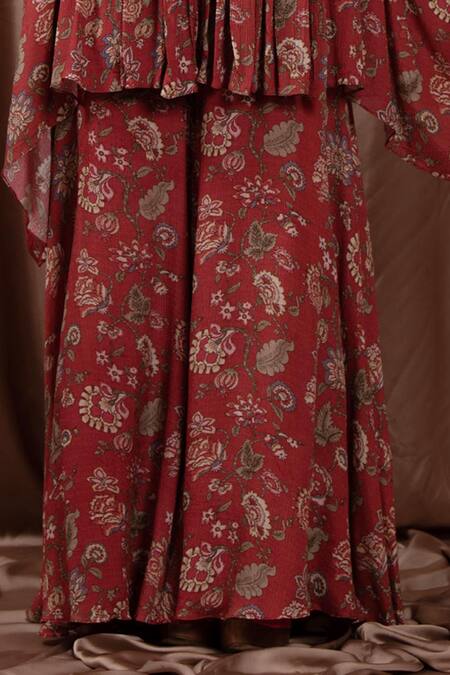 Vara By Vibha N Priti_Maroon Chiffon Print Rafflesia Round Batwing Sleeves Tunic With Sharara _Online_at_Aza_Fashions