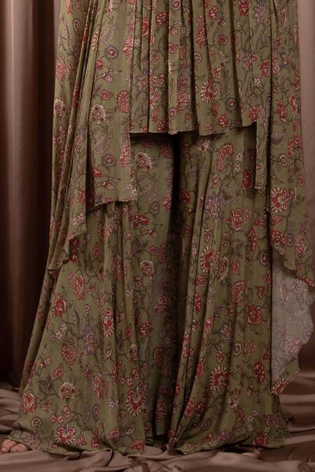 Vara By Vibha N Priti_Green Chiffon Print Vintage Fleur V Neck Asymmetric Cape Tunic With Sharara _Online_at_Aza_Fashions