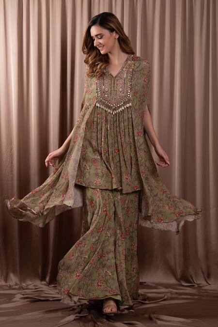 Buy_Vara By Vibha N Priti_Green Chiffon Print Vintage Fleur V Neck Asymmetric Cape Tunic With Sharara _Online_at_Aza_Fashions